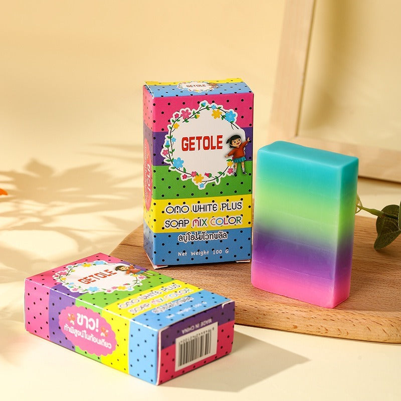 Arts And More Oil Bath Soap for Kids with colorful packaging and rainbow gradient bar